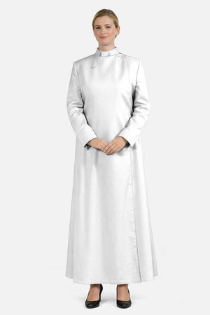 Women wearing a long white robe on a white background