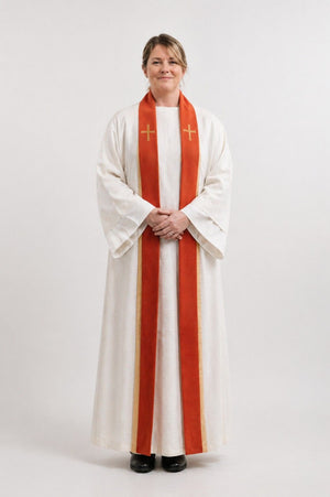 Women wearing a white robe with red and gold accents on a white background