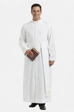 Man wearing a white robe holding a book on a white background
