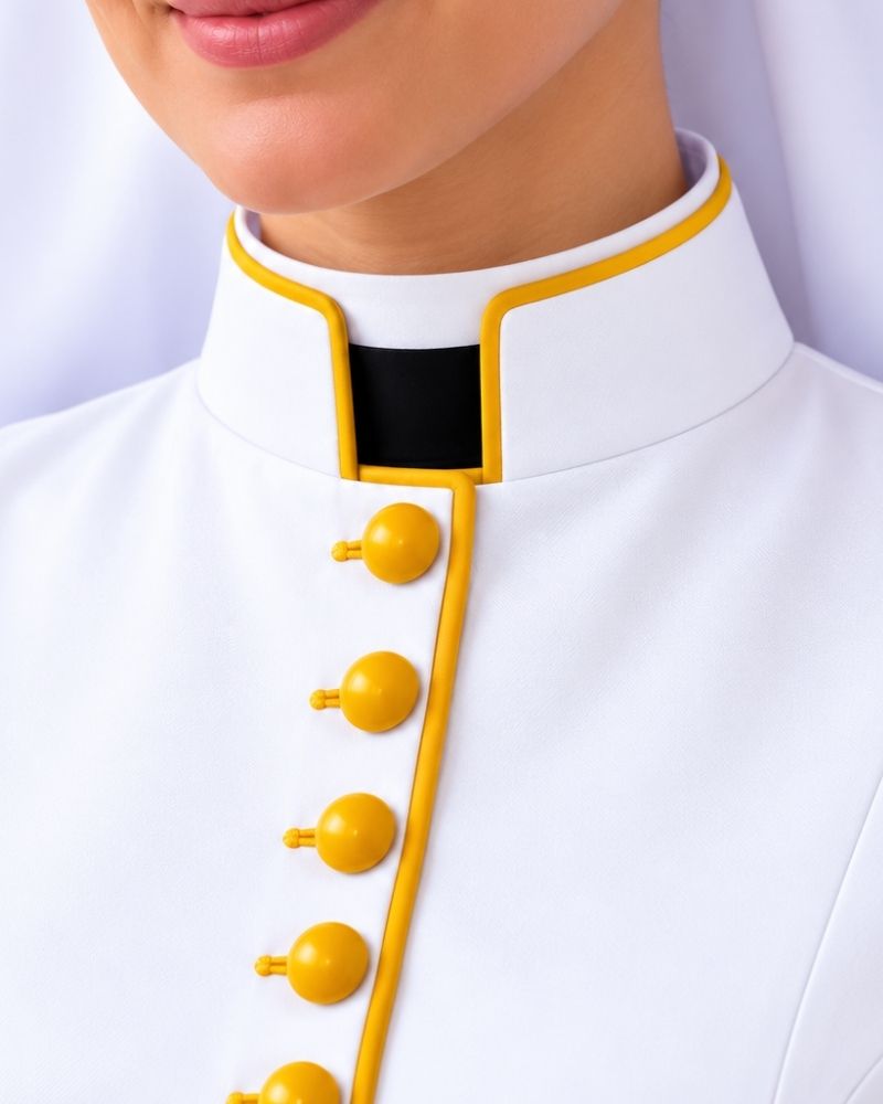 Close-up of a white White Clergy Cassock with bright yellow trim and yellow decorative buttons, worn by a model whose lower face and neck are visible.