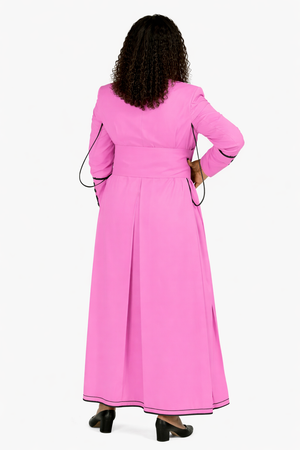 Women wearing a pink robe with black accents on a white background