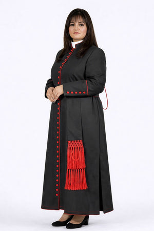 Woman wearing a black coat with red accents on a white background