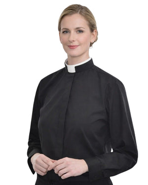 Women wearing a black clerical collar shirt on a white background