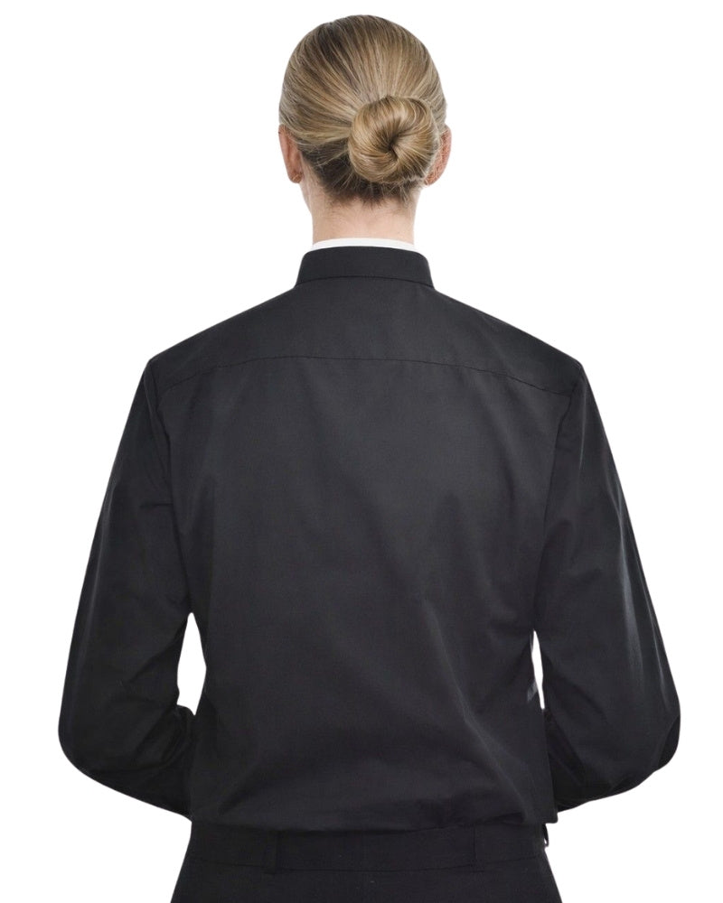 Women wearing a black clerical collar shirt on a white background