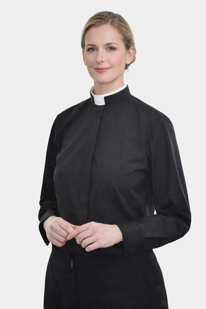 Women wearing a black clerical collar outfit on a white background