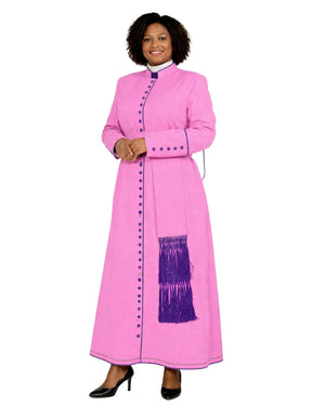 A woman modeling a long pink cassock with purple fringe and button details, set against a plain white background.