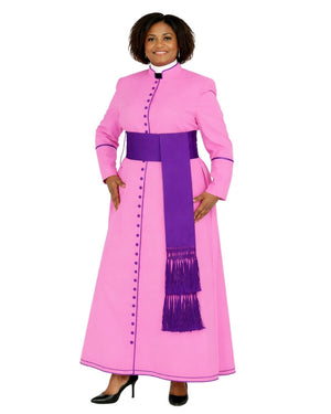 A woman modeling a pink cassock costume with a wide purple waist sash and matching purple fringe scarf, shown against a plain white background.