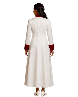 A woman viewed from the back wearing a long white robe with contrasting dark red collar and cuff details, set against a plain white background.