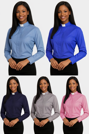 Five women wearing long-sleeve shirts in blue, purple, gray, and pink against a white background.