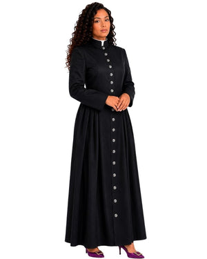 A woman modeling a long black cassock with a high collar, front button closure, and long sleeves, shown against a plain white background.
