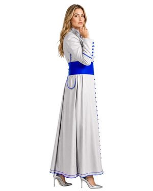 A woman modeling a long white cassock with a bright blue waistband, blue trim details, and blue buttons, paired with silver high heels, set against a plain white background.