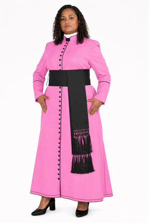 Women wearing a bright pink robe with black accents on a white background