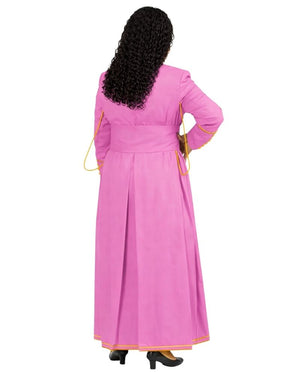A woman viewed from the back wearing a bright pink long cassock with gold trim and black heels, against a plain white background.