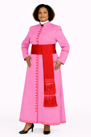 Women wearing a pink robe with a red stole on a white background