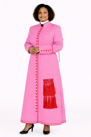 Woman wearing a pink robe with red accents on a white background