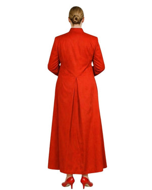 A woman viewed from the back wearing a long-sleeved robe with a high collar and matching red high heels, set against a plain white background.