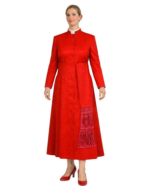 A woman modeling a bright red long-sleeve robe with a high stand collar, front buttons, a matching belt, and a decorative fringed panel on the skirt, paired with red heels against a plain white background.