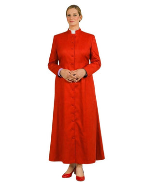 A woman modeling a long-sleeved red clerical robe with a white collar, standing against a plain white background.