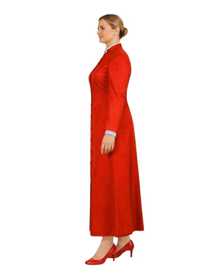 A woman shown in side profile wearing a long-sleeved robe with a high collar and red pointed-toe heels against a plain white background.