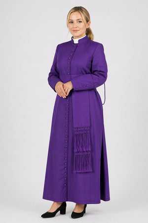 Women wearing a purple cassock with a stole on a white background