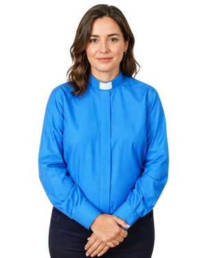 women wearing a blue shirt with a white collar on a plain background