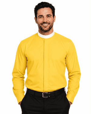 A smiling man wearing a bright yellow long-sleeve clerical shirt with a stand collar, paired with black trousers and a black belt, against a plain white background.