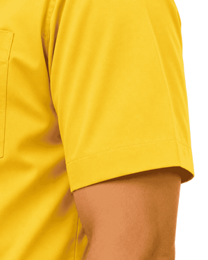 Closeup o the model hand showing the short sleeve on the plain white background.