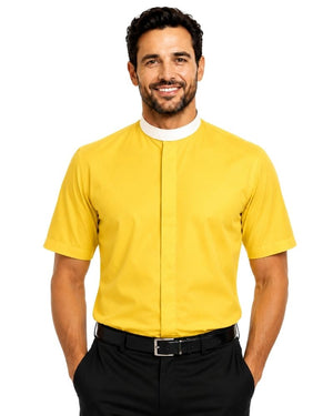A smiling man wearing a bright yellow short-sleeve clerical shirt with a white collar, paired with black trousers and a black belt, against a plain white background.