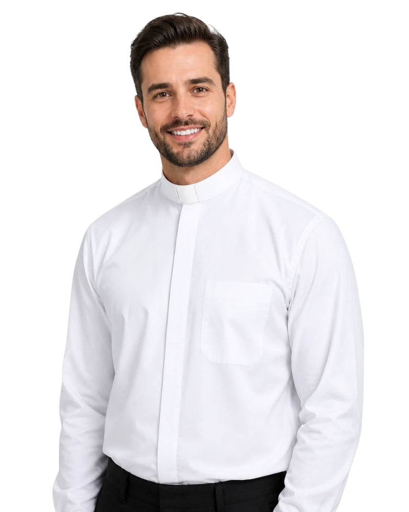 Man wearing a white dress shirt and black pants on a white background