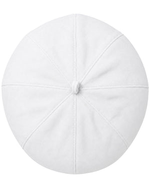 A white structured clergy zucchetto cap photographed from above on a plain white background.