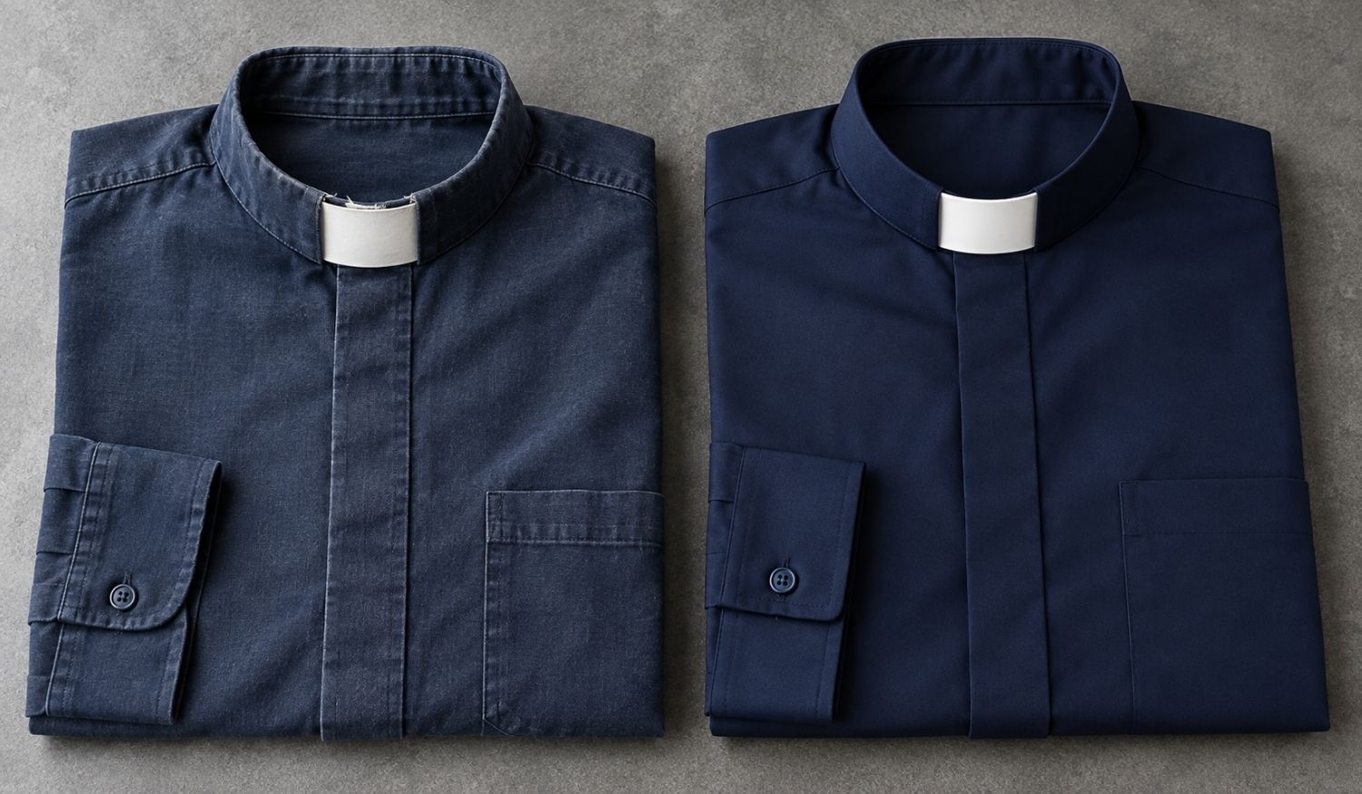 Two navy blue clerical tab-collar shirts shown side by side on a neutral gray surface, with one faded and worn shirt and one crisp, dark new shirt featuring clean white collar tabs.