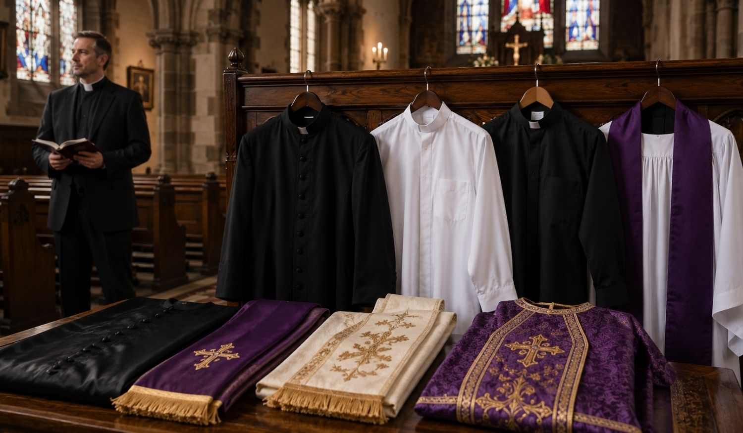 Traditional Christian clergy attire displayed inside a historic church, including black and white clerical shirts, a cassock, robes, purple stole, and embroidered vestments, with a priest standing in the background.