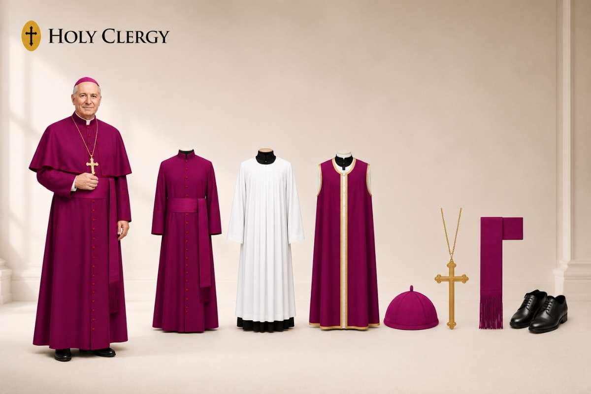 Professional display of bishop clergy garments and accessories with a bishop in magenta cassock beside ceremonial vestments and the Holy Clergy logo.