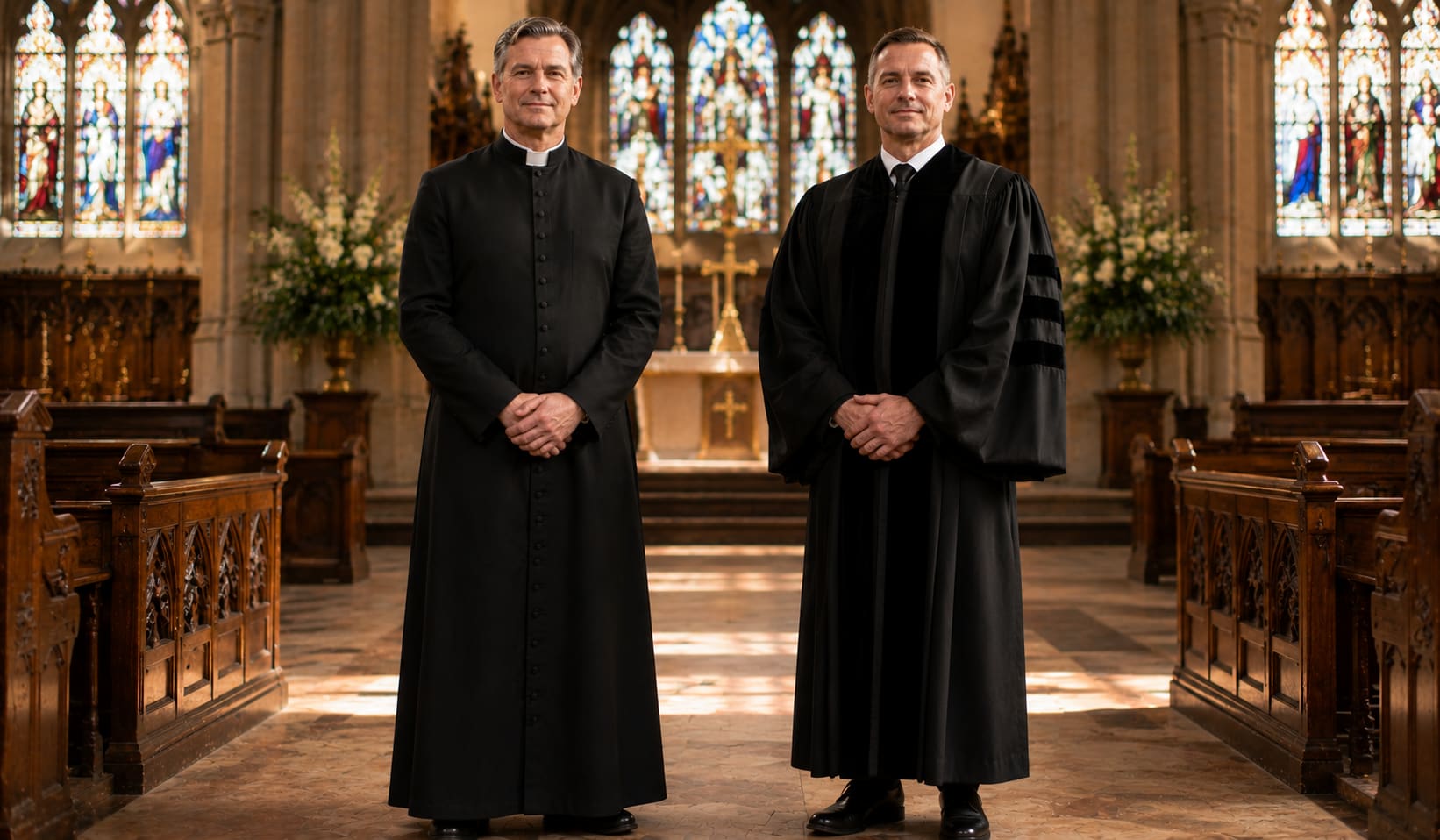 Priest in a traditional black cassock and pastor in a flowing black clergy robe standing inside a cathedral with stained glass windows and warm natural light.