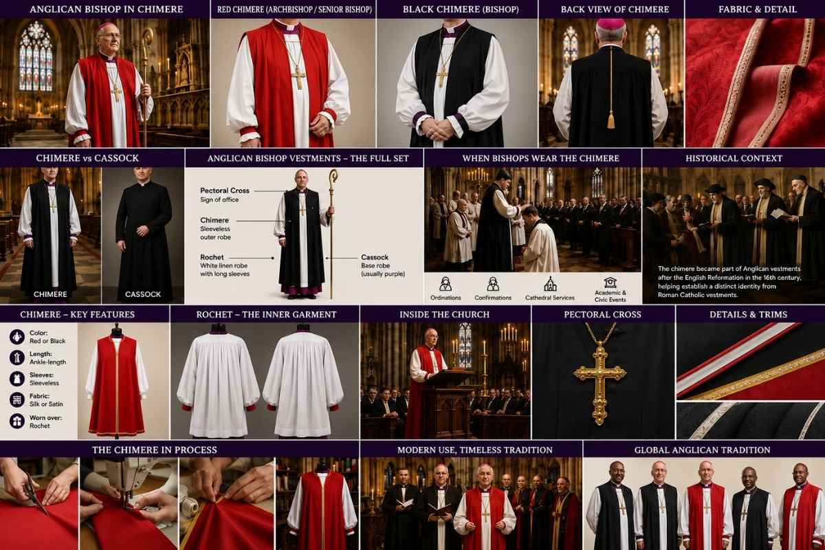Professional infographic showcasing Anglican bishop chimere vestments, including red and black chimeres, rochet garments, cassocks, fabric details, church ceremonies, and historical Anglican clergy traditions.