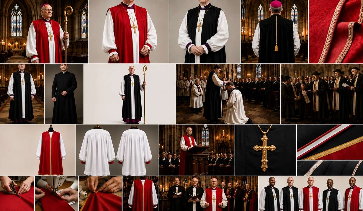High-quality collage of Anglican bishop vestments showing chimere, rochet, cassock, ceremonial wear, and fabric details