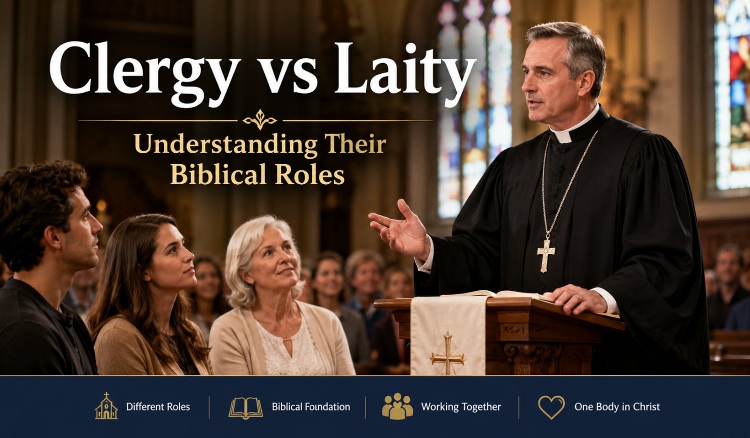 Clergy vs laity illustration showing a Christian pastor preaching to church members, explaining the biblical roles of clergy and laity in the Christian church.