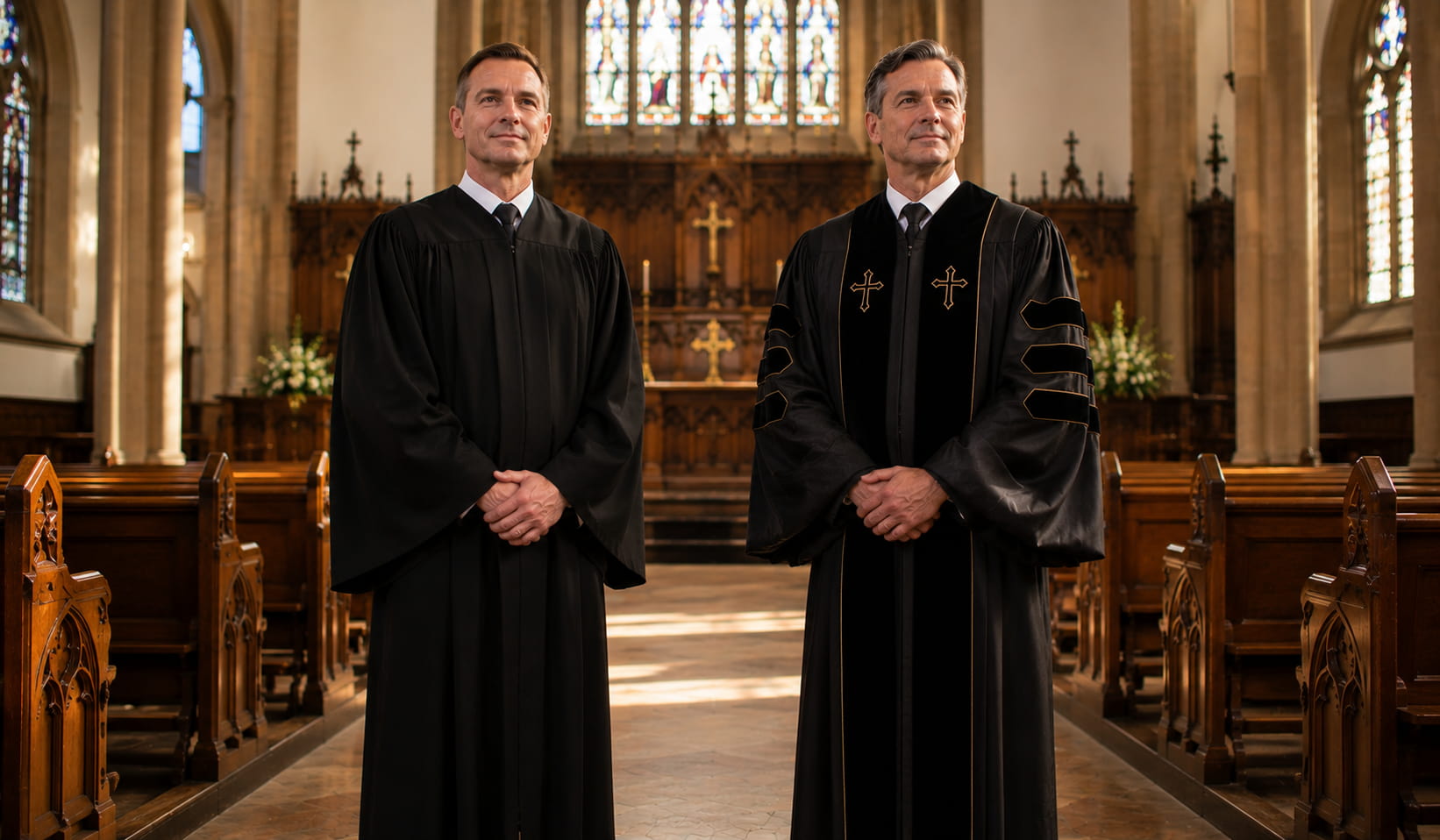 Two Christian pastors wearing a traditional Geneva gown and a modern clergy robe standing in a historic church sanctuary with stained glass windows and warm natural light.