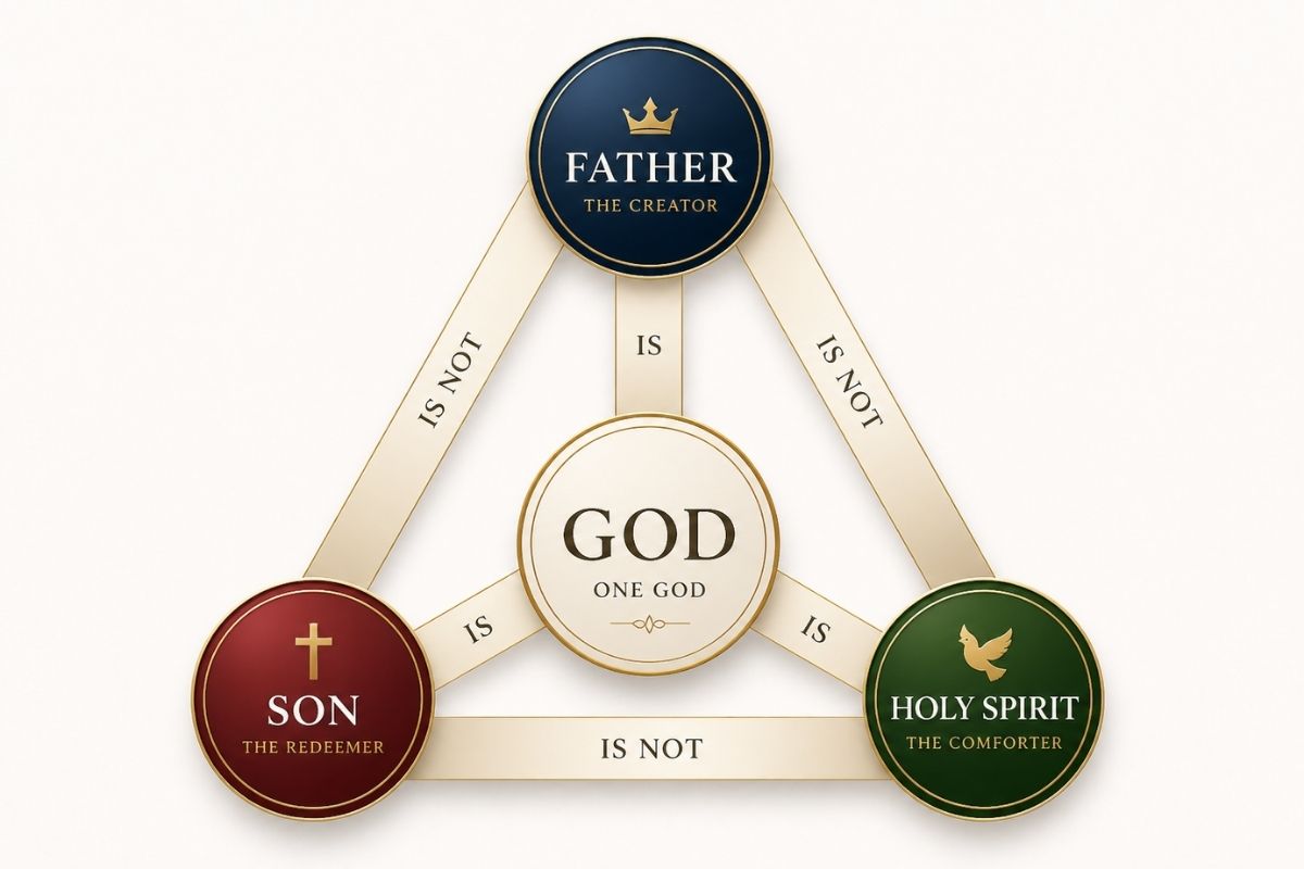 Premium Holy Trinity diagram featuring a triangular layout with Father, Son, and Holy Spirit connected around God at the center, symbolizing one God in three persons with elegant gold accents on a clean, light background.