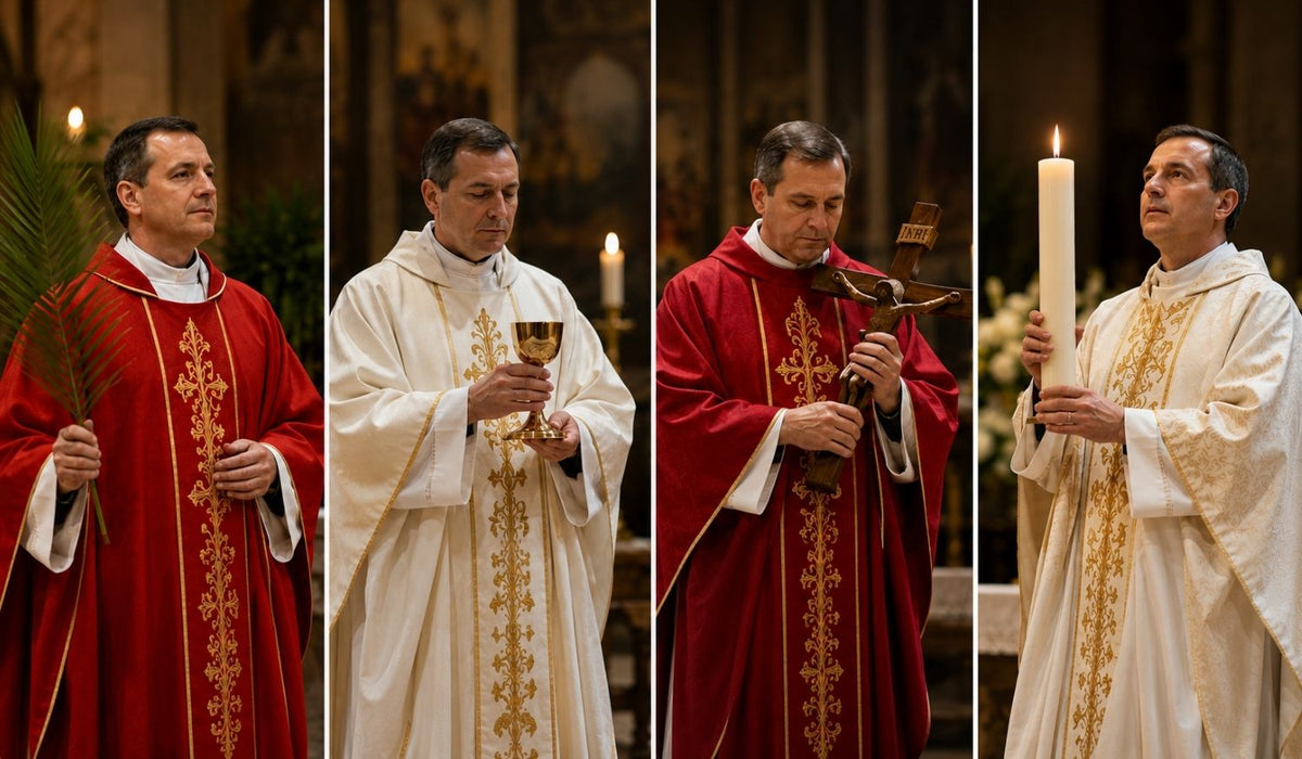 Priest wearing traditional Holy Week vestments during four Christian liturgical celebrations inside a church.
