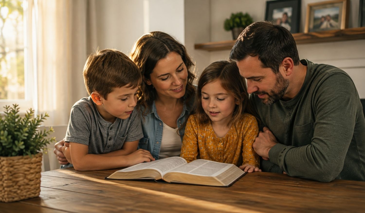 Christian family of four praying together in a warmly lit church before attending worship.