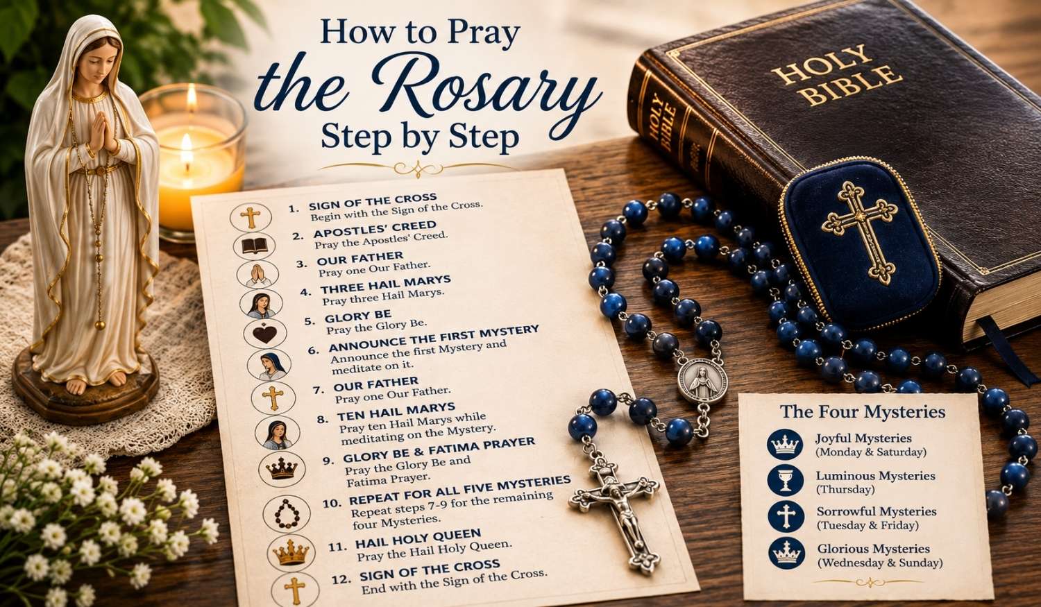 How to Pray the Rosary Step by Step guide with Catholic Rosary beads, Holy Bible, crucifix, Virgin Mary statue, and prayer instructions.