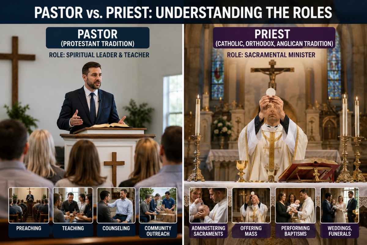 Side-by-side comparison image of a Protestant pastor preaching to a congregation and a Catholic priest celebrating Mass, highlighting the different roles and traditions in Christianity.