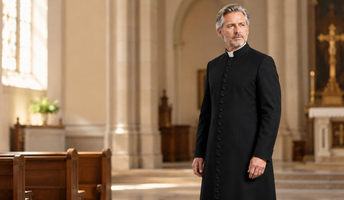 Priest standing in the church wearing the black cassock with white roman collar