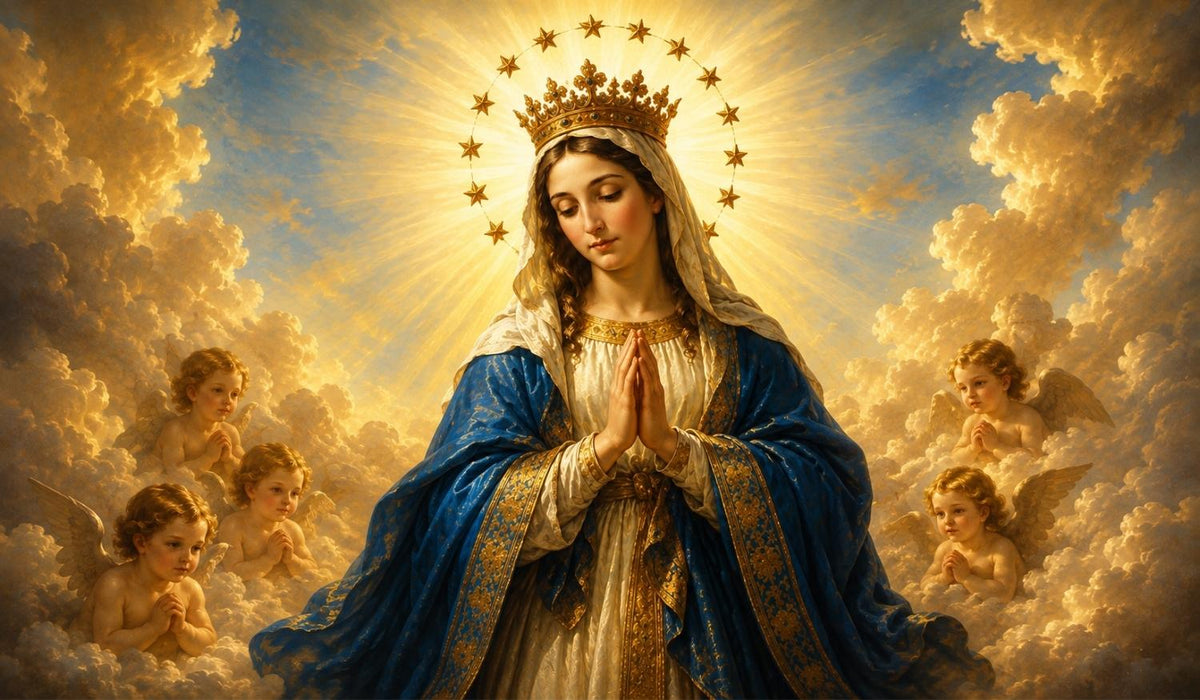 Virgin Mary as Queen of Heaven wearing a blue and gold robe, crowned with twelve stars, praying among glowing golden clouds and heavenly light.