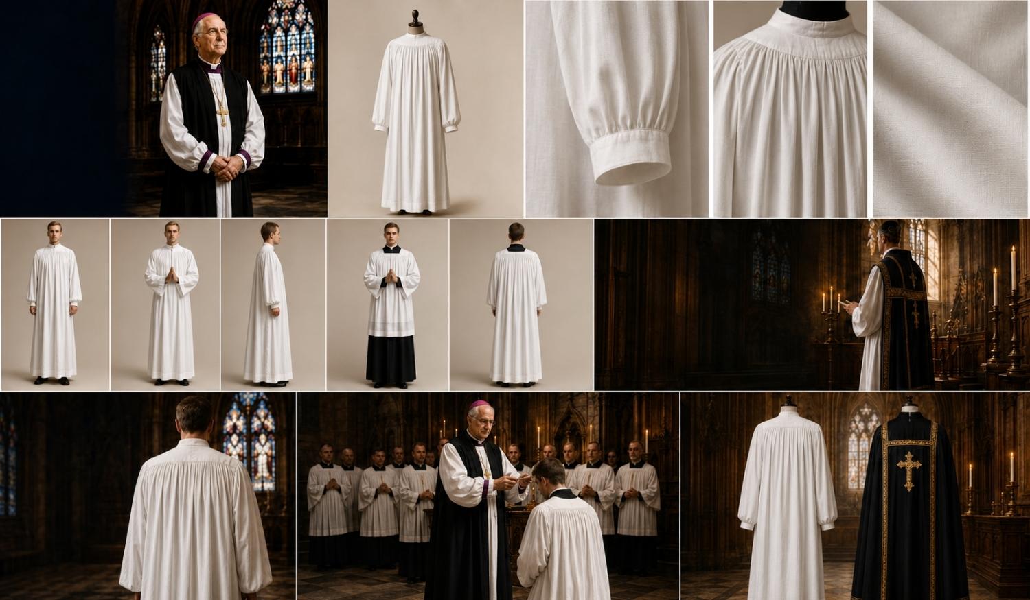 White rochet clergy vestment featuring front and back views, sleeve details, fabric texture, and ceremonial church use.