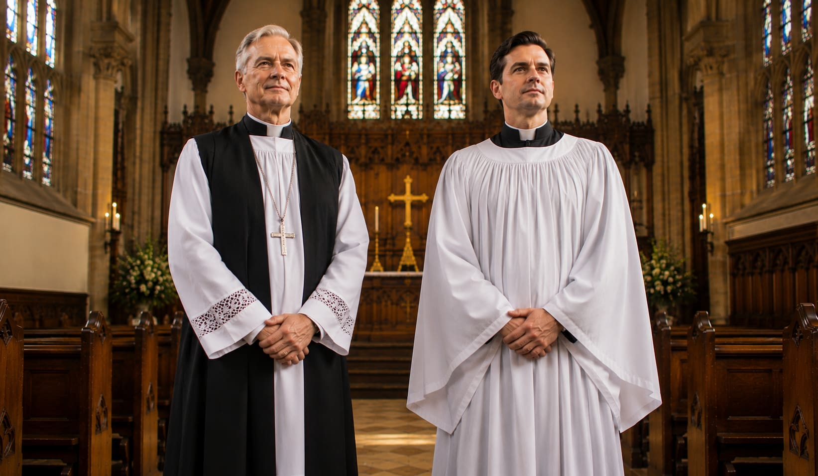 Anglican bishop in a white rochet with black chimere standing beside a clergy member in a flowing white surplice inside a historic cathedral with stained glass windows and warm natural light.