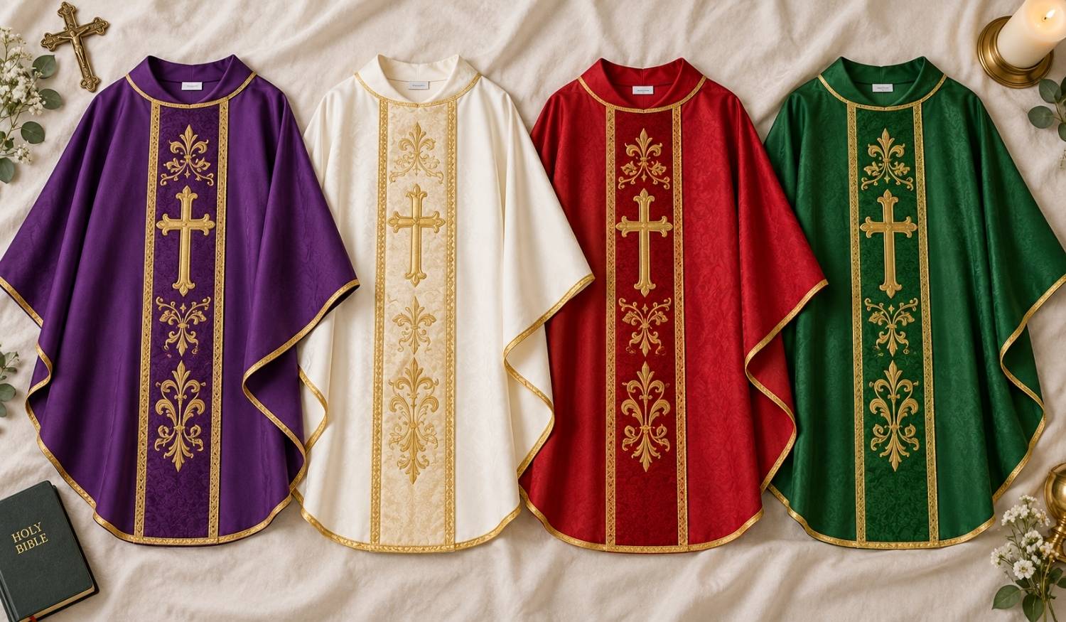 Four liturgical chasubles in purple, white, red, and green with gold embroidered crosses, representing Advent, Easter, Pentecost, and Ordinary Time vestment colors.