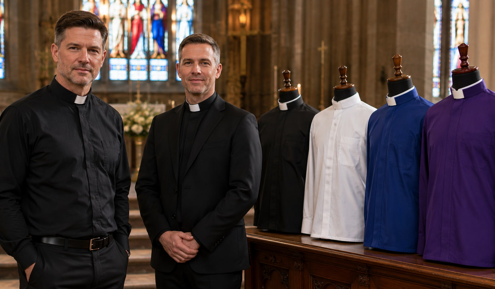 Pastors in clergy shirts standing beside a premium collection of Roman, tab, and neckband collar shirts displayed inside a cathedral.