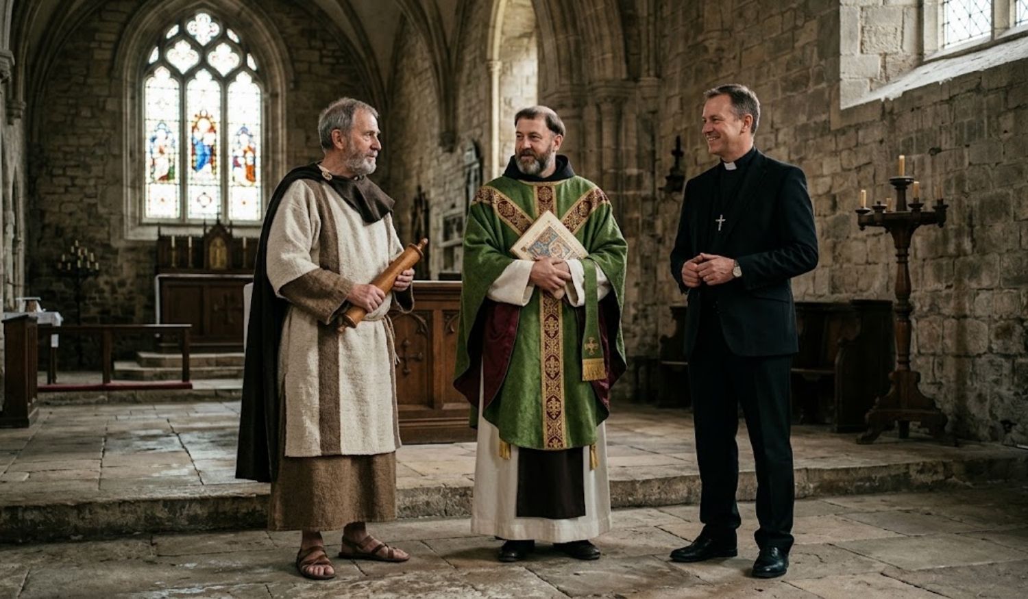 Evolution of Christian clergy vestments featuring three figures in early Christian, medieval, and modern clerical attire inside a historic church.
